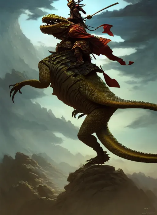 Image similar to samurai riding on a giant lizard, subsurface scattering, by jesper ejsing, justin gerard, tomasz alen kopera, cgsociety and fenghua zhong, highly detailed, rim light, cinematic lighting, illustration, art, octane render, very coherent, cinematic, hyper realism, high detail, octane render, 8 k