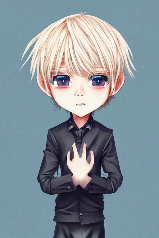 Prompt: blonde hair boy anime character, symmetrical, highly detailed, digital art, sharp focus, trending on art station, blue eyes, pastel colours, chibi