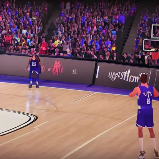Prompt: a spectacular finish at the rim in a basketball game, 8k, playstation5, unreal engine, video game