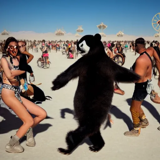 Image similar to a panda dancing on a busy playa at burning man