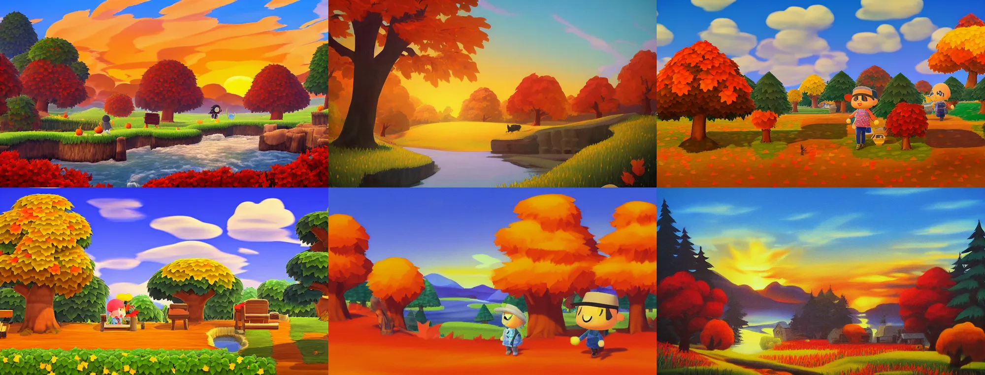 Prompt: Peaceful landscape painting in the style of Animal Crossing, sunset in fall