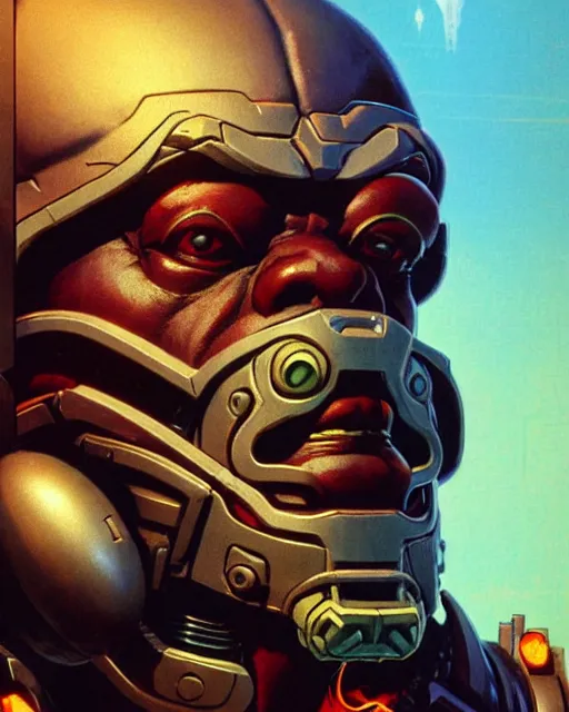 Image similar to doomfist from overwatch, character portrait, portrait, close up, concept art, intricate details, highly detailed, vintage sci - fi poster, retro future, in the style of chris foss, rodger dean, moebius, michael whelan, and gustave dore
