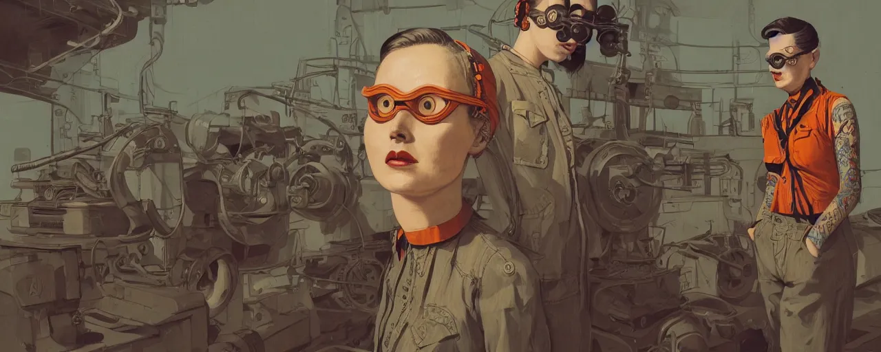 Prompt: vintage illustration 3 / 4 portrait of stoic tattooed heroic emotionless butch blonde woman engineer with short slicked - back hair, wearing victorian goggles, dirty orange bandana around neck, awkward and uncomfortable and anxious, dynamic composition by sachin teng and sergey kolesov and ron cobb. industrial space program, scifi, hyper detailed. octane render. concept art. trending on artstation