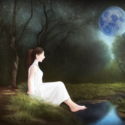 Image similar to a girl in a white dress looks up at the moon while sitting on the roots of an ancient tree next to a pond, the moon can be glimpsed, a towering forest surrounds the pond, dark fantasy, night time, realistic painting, ultra detailed