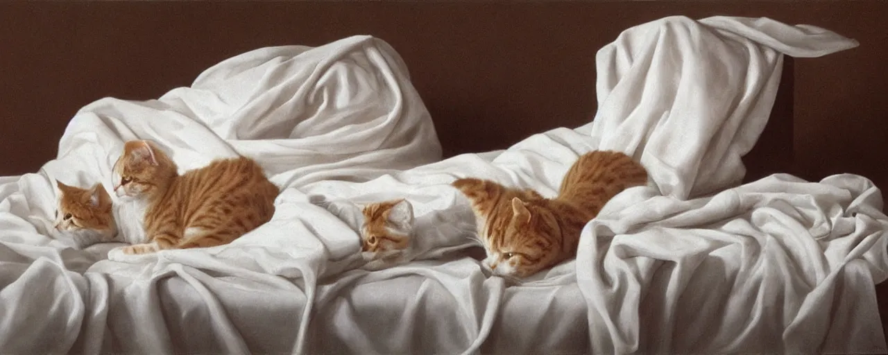 Prompt: hyperrealism, cats in white sheets, soft light, in style of classicism
