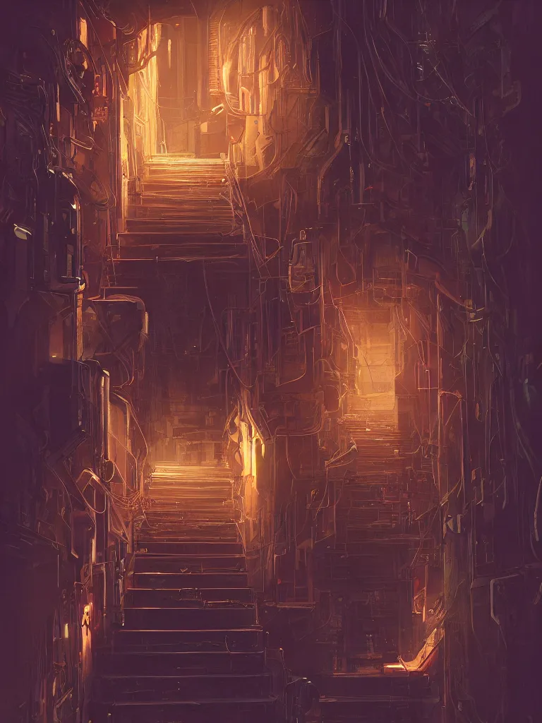 Prompt: look down a cellar staircase, neon lights, cyberpunk style, digital painting, concept art, smooth, sharp focus, hyperrealistic, illustration, artstation trending