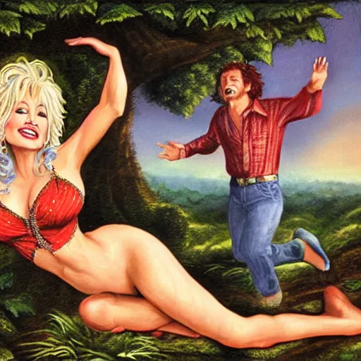 Image similar to Dolly Parton starjumping in the garden of eden , with god blushing, hyper realism