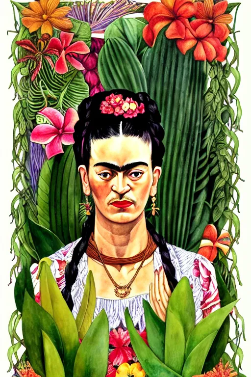 Prompt: realistic portrait of frida kahlo in the center of an ornate floral frame with tropical foliage and tropical flowers, detailed art by kay nielsen and walter crane, illustration style, watercolor