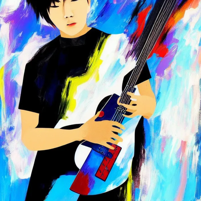 Image similar to abstract, a young korean male musician wearing black tank top holding a telecaster!!! electric guitar!! explodes in abstract, thick flowing dramatic brush strokes, strong wind, white background, matte colors, impressionist, extreme motion, trending on artstation