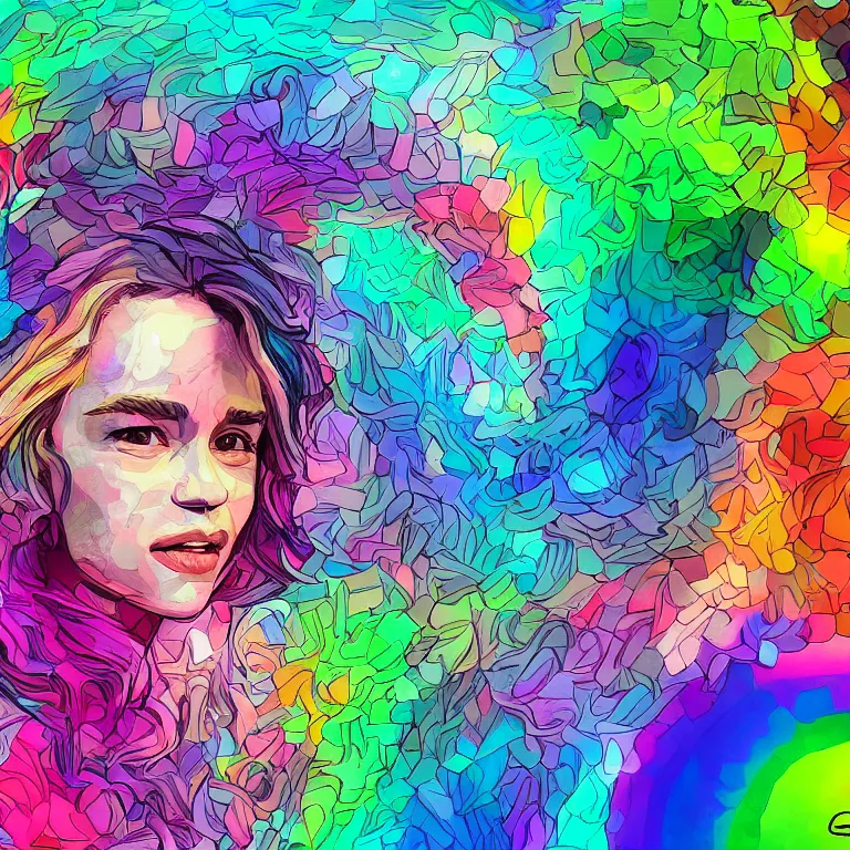 Image similar to Emilia Clarke, beautiful digital art, trippy rainbow art