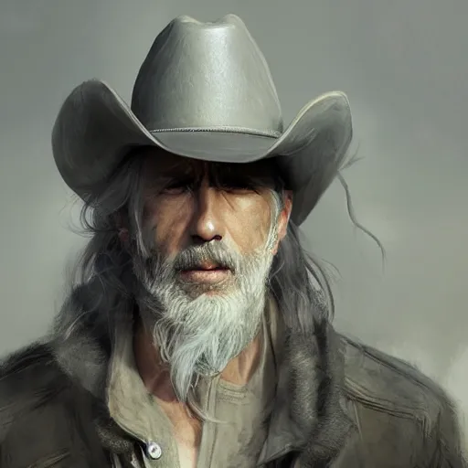 Prompt: portrait of a man with a long duster, grey hair and a cowboy hat, harsh good looking face, drawn by ruan jia, fantasy art, dramatic lighting, digital art, 8 k, highly detailed