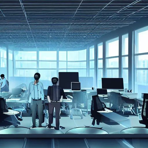 Prompt: futuristic utopian office space, fin - tech company in the future, high detail, fantasy scifi illustration