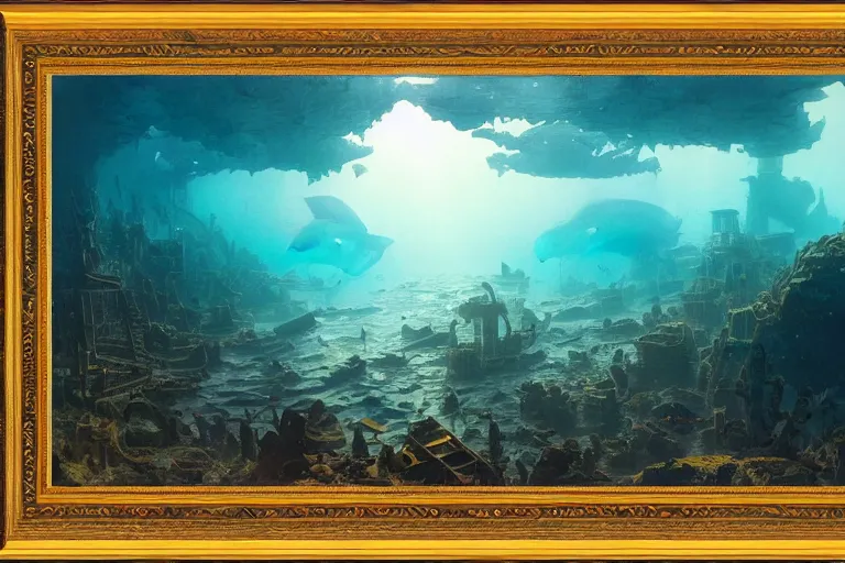 Image similar to a scenic landscaping view of the lost and abandoned city of Atlantic under water, ray of sunlight, whale fall, Greg Rutkowski, Moebius, Mohrbacher, Mucha, blue and gold color scheme, ultra wide angle, light effect