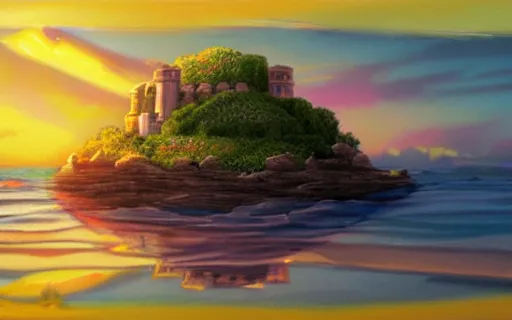 Image similar to an island with a giant castle on top held up by the shell of a giant turtle in the ocean, sunset, drawn by hayao miyazaki, hi res, 4k