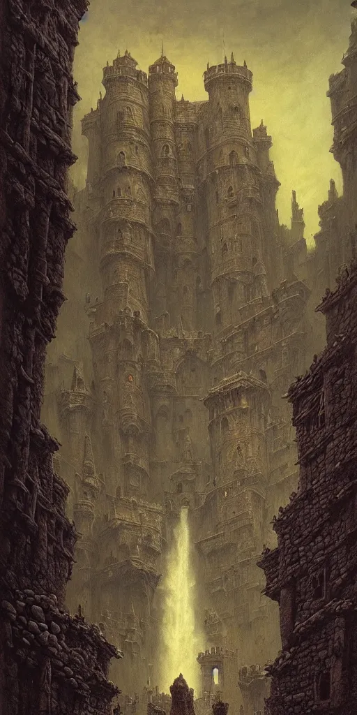 Image similar to three medieval explorers wandering an enormous castle filled with skulls, ruined medieval architecture, volumetric lighting, by zdzislaw beksinski, by gustave dore, by peter mohrbacher, lovecraftian, amazing details, vivid colors, detailed, epic, waterfall, rule of thirds