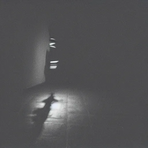 Prompt: A 35mm photo of a shadowy figure barely visible in the darkness of the Backrooms, the flash from the camera is the only light, photorealistic