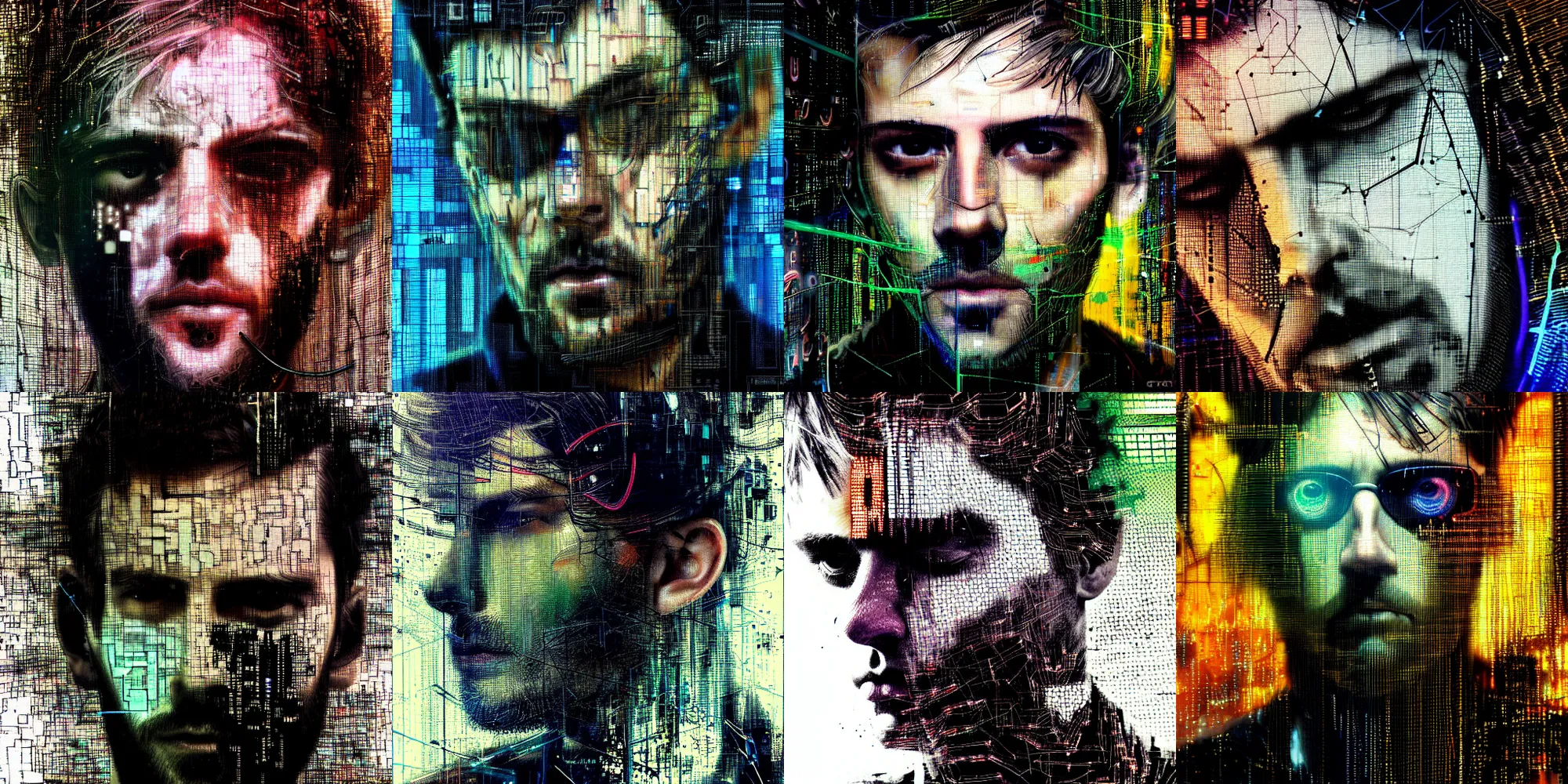 Prompt: hyperrealistic portrait of a cyberpunk man, photorealistic, close up, young adult, medium hair, immersed within a network, glitch eyes, by Guy Denning, Russ Mills, Derek Gores, glitch art, hyper focus, fine detail, polished, complex, hacking effects, glitch effects, holographic, digital tech effects, color blocking!, realistic, acrylic on canvas, concept art, abstract!, symmetrical, 8k, concept art, octane, cgsociety, trending on artstation