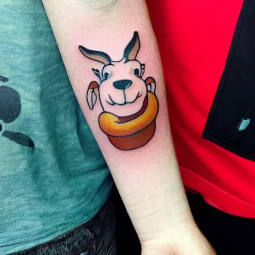 Image similar to a tattoo of billy the Disney goat with a churro in their mouth