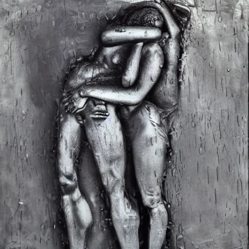 Prompt: A beatiful mixed mediart of a man and woman embracing in the rain. abstract expressionism by Jeanloup Sieff, by Ossip Zadkine tender