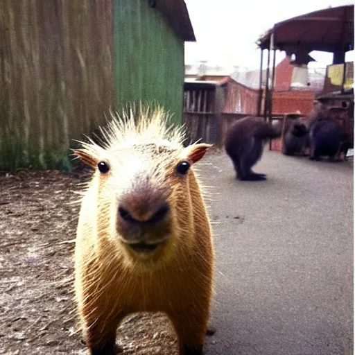 Prompt: photo taken on a bad camera of a capybara dressed as a kid looking bad and with envy at the camera