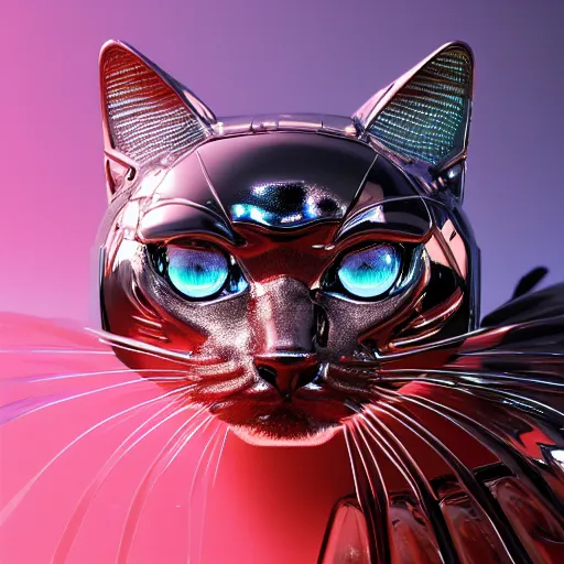 Image similar to chrome cat, glossy, metallic, neon, symmetrical, tribal patterns, realistic, unreal engine, octane, redshift, artstation, behance