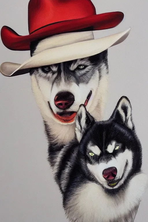 Image similar to a portrait painting of a husky in cowboy costume, wearing a cowboy hat, by [ studio ghibli ], in the style of anime, [ western film ], [ red dead ], trending on artstation