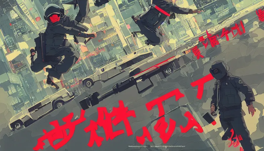 Image similar to Poster Illustration of neo-Tokyo bank robbery movie, Bank Robbery, Anime, Highly Detailed, Special Forces Security, Searchlights, Boat Dock, Special Agent, Water, Akira Color Palette, Inspired by Akira + MGS2 + FLCL, 8k :4 by Vincent Di Fate + Arc System works + Katsuhiro Otomo : 8