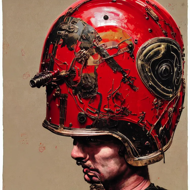 Image similar to portrait of a third reich soldier in ornate motorcycle dirt helmet in a helmet background red plastic bag, circuitboard,, rich deep colors, ultra detail, by francis bacon, james ginn, petra courtright, jenny saville, gerhard richter, zdzisaw beksinsk, takato yamamoto. masterpiece, elegant fashion studio ighting 3 5 mm