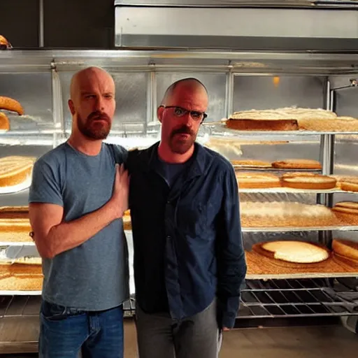 Image similar to walter and jesse from breaking bad open a bakery called baking bad