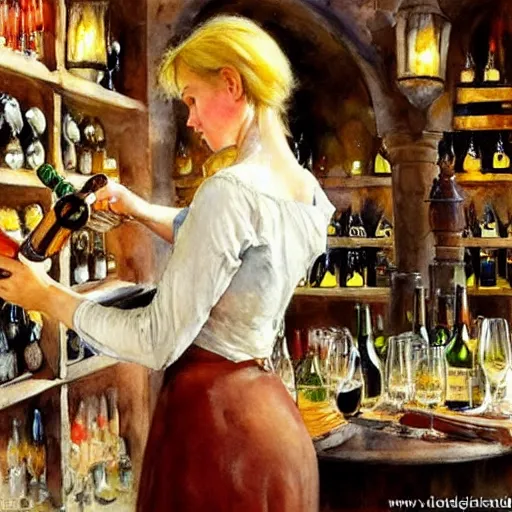 Image similar to hot blonde working in a wine cellar, food, pork, beer, schnapps, rustic, traditional, torches on the wall, watercolor by vladimir volegov and carl larsson