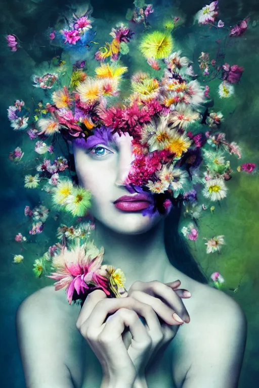 Prompt: closeup, woman with flowers in her hair, a colorized photo by Ryohei Hase, trending on cgsociety, psychedelic art, made of flowers, photo taken with provia, multiple exposure