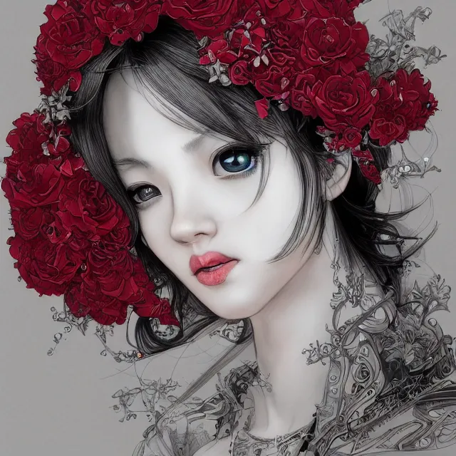 Image similar to studio portrait absurdly beautiful, elegant, graceful, young hypercolorful sensual anime gravure idol rubies and red petals, ultrafine hyperrealistic detailed face illustration by kim jung gi, irakli nadar, intricate linework, sharp focus, bright colors, matte, octopath traveler, final fantasy, unreal engine highly rendered, global illumination, radiant light, intricate environment