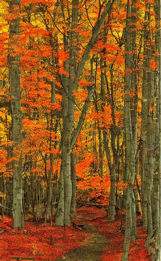 Prompt: by akio watanabe, manga art, maple forest, fall season, trading card front