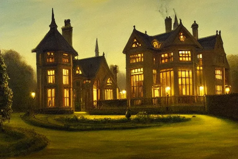 Image similar to a beautiful painting of a victorian house with bay windows, a tower and a greenhouse at night, very detailed by samuel and joseph newsom, harry potter