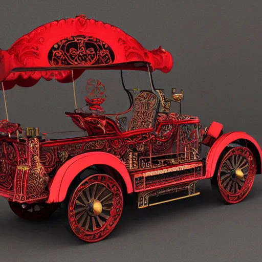 Image similar to highly detailed victorian steampunk red convertible driven by Johnny depp as hunter s Thompson fear and loathing, ornate, intricate design, hyperrealistic, 8k resolution, 3d render by billelis