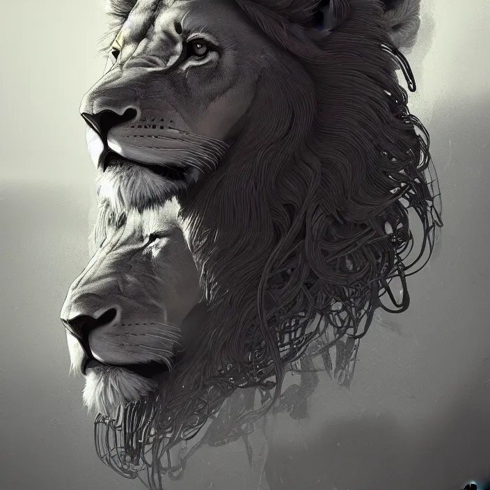 Image similar to lion. intricate abstract. intricate artwork. by Tooth Wu, wlop, beeple, dan mumford. octane render, trending on artstation, greg rutkowski, very coherent symmetrical artwork. cinematic, hyper realism, high detail, octane render, 8k, iridescent accents, deep blacks