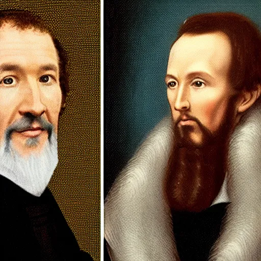 Image similar to theologian john calvin and joel osteen in a televised debate,