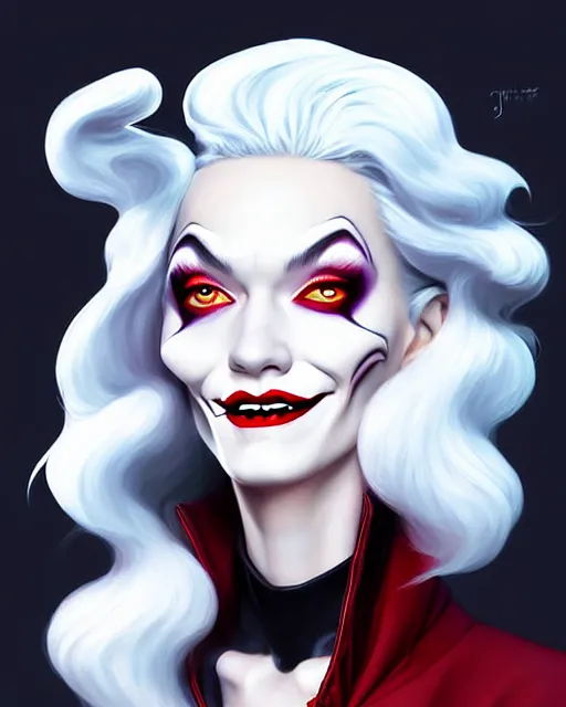 Prompt: digital art, centered portrait of smiling cruella deville, creepy, cold light, somber by james jean and by artgerm, by ross tran, ultradetailed, charachter design, concept art, trending on artstation,