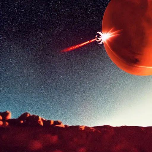 Image similar to photo of a detailed rocket blasting off from mars, black background with glowing stars and satalites, cinematic film still, high contrast, astrophotography, polaroid,