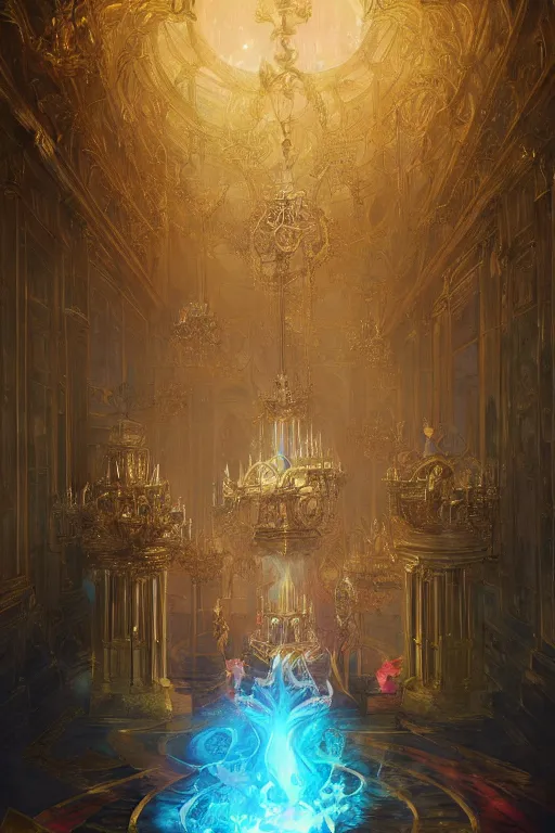 Prompt: the opulent magician casts spells inside the Palace of Versailles, fantasy game art by Greg Rutkowski, fantasy RPG, magic, spells, occult, by Ross Tran, rich and bright colors, concept art, cinematic lighting, artstation, cel-shaded, League of Legends splash art