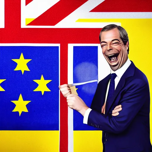 Image similar to nigel farage laughing holding burning eu flag, studio photograph, hd, studio