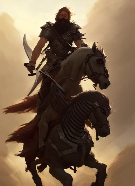 Prompt: epic bearded war commander holding two gigantic sword and wearing shield riding a running horse. highly detailed, digital painting, concept art, smooth, sharp focus, illustration, art by greg rutkowski