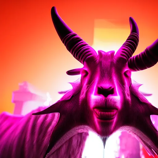 Image similar to synthwave demonic scary goat face with neon horns, detailed face, sharp focus, synthwave art, aesthetic, octane render, raw, cinematic