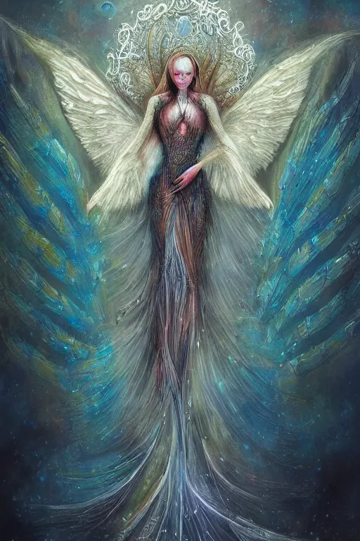 Prompt: a digital painting of a woman with wings, cybernetic fractal angel, poster art by mahmoud farshchian, featured on artstation, fantasy art, tarot card, artstation hd, artstation hq