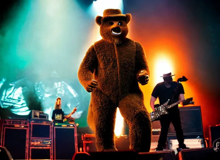 Image similar to publicity photo still of smokey the bear on tour with korn live on stage, 8 k, live concert lighting, mid shot