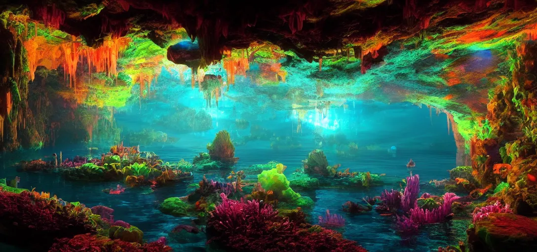 Prompt: beautiful view of an underwater cave glowing neon water with caustics, dappled light, reflections, bubbles, refraction, symmetry, dramatic lighting, ultra detailed, sharp, ambient occlusion, bloom, raytracing, vibrant, vivid colors, picturesque, by dylan cole, sebastian meyer and jordan grimmer