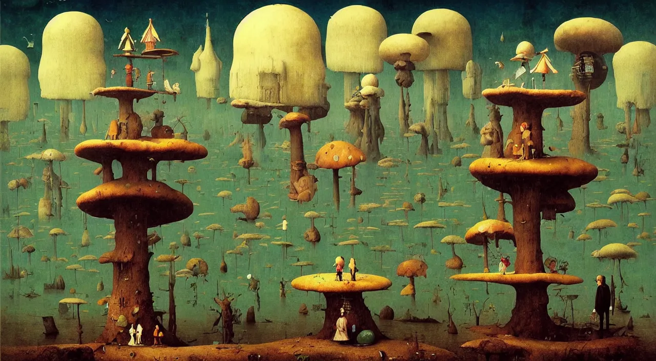 Image similar to single flooded simple!! toadstool tower anatomy, very coherent and colorful high contrast masterpiece by norman rockwell franz sedlacek hieronymus bosch dean ellis simon stalenhag rene magritte gediminas pranckevicius, dark shadows, sunny day, hard lighting