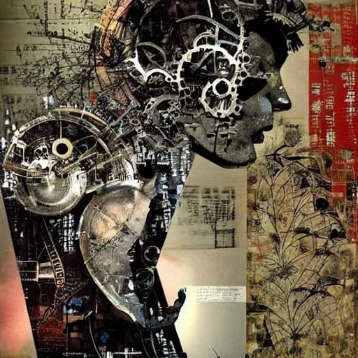 Image similar to a mechanical ( wren bird ) wanders between the cybernetic neonpunk realms of urban science and social science, collage artwork by dave mckean and ivan shishkin and yoshitaka amano