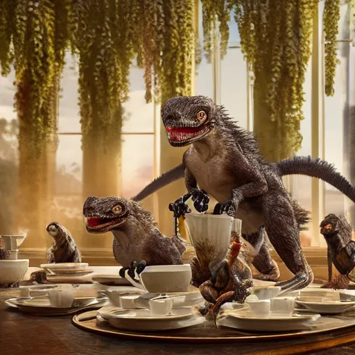 Image similar to velociraptors having a fancy tea party, photorealistic, high resolution, vray, hdr, hyper detailed, insane details, intricate, elite, ornate, elegant, luxury, dramatic lighting, octane render, weta digital, micro details, 3 d sculpture