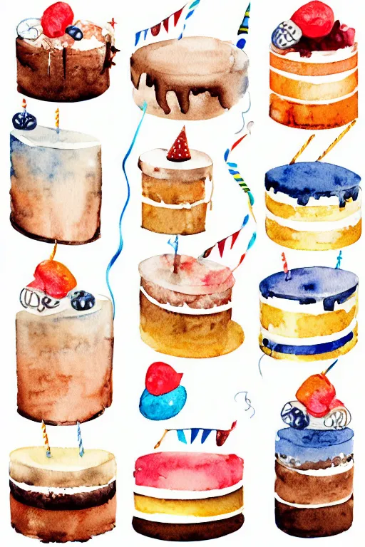 Image similar to minimalist watercolor art of birthday cakes on white background, illustration, vector art